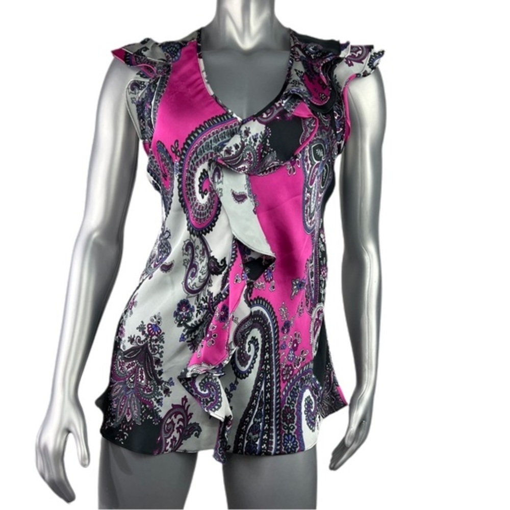 Dress Barn | Ruffle Detail Pink & Black Sleeveless Blouse Silky Paisley Print XL